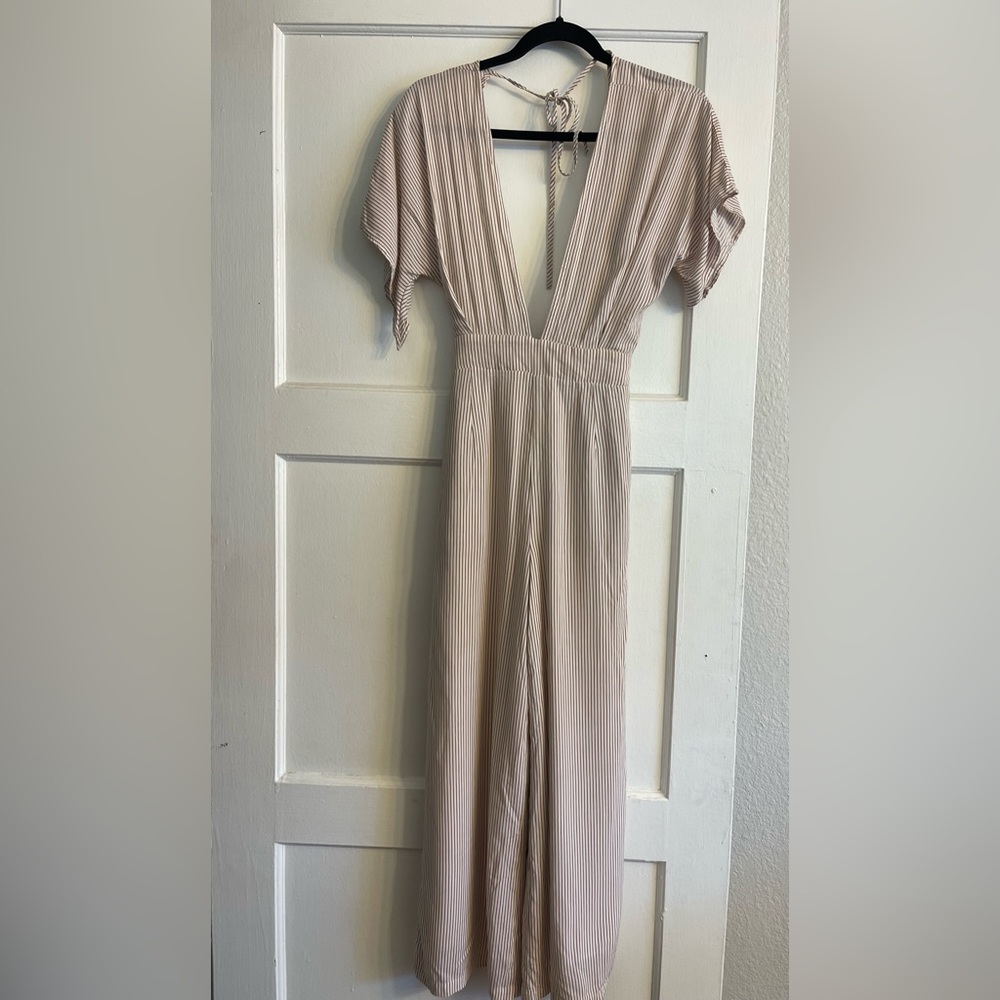 Kylar+ Madison Jumpsuit  Deep V-Neck Tie  Waist Pin Strap Brown-White